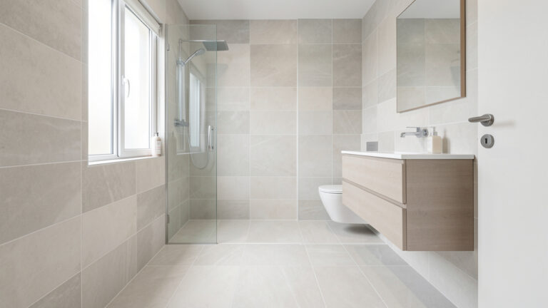 Piccola sala da bagno moderna con pavimento chiaro in grandi piastrelle, posa lineare, colori neutri e arredi sospesi che fanno apparire lo spazio più ampio.