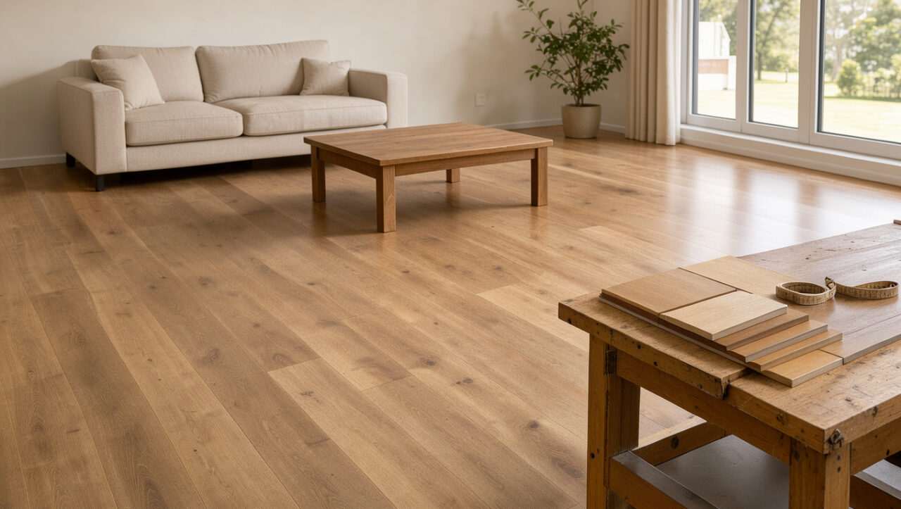 Salon moderne et lumineux avec un sol stratifié imitation chêne, accompagné d’échantillons de revêtement et d’un mètre ruban.