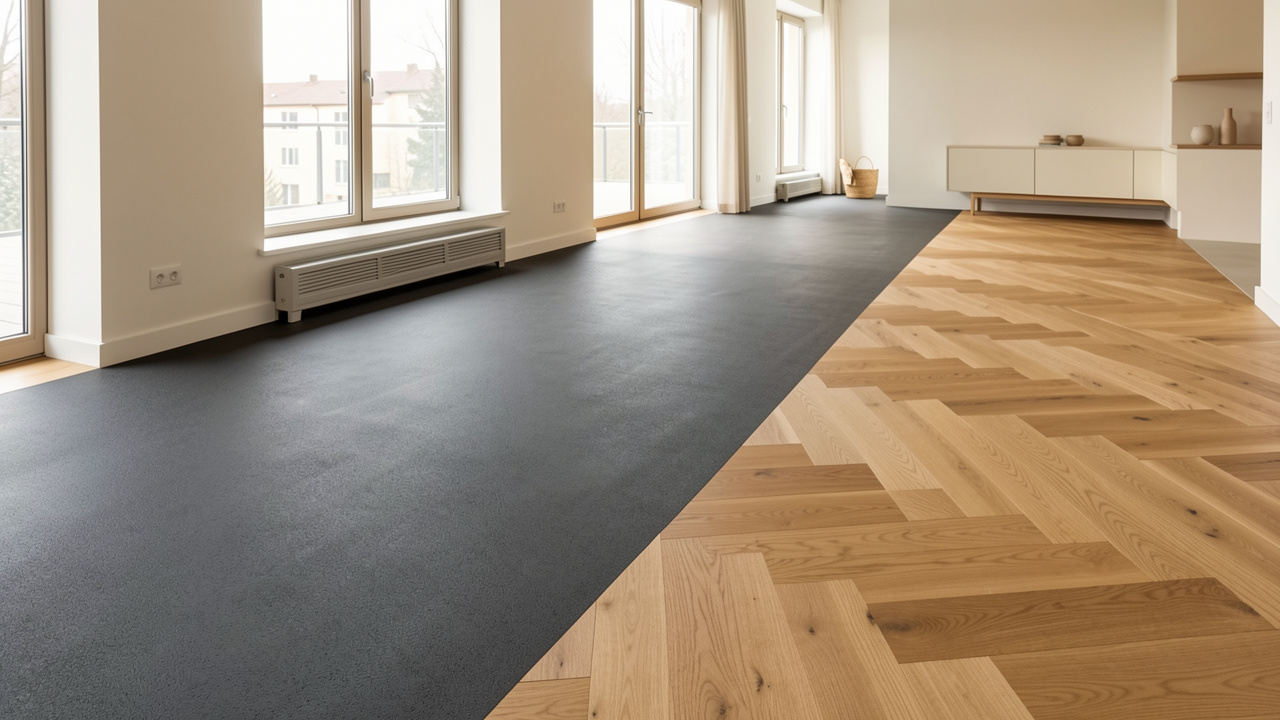 Intérieur contemporain montrant une comparaison entre un sol en caoutchouc gris et un parquet en bois chaleureux.