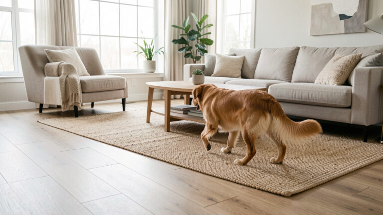 Salon contemporain lumineux avec un sol résistant adapté aux animaux domestiques et un chien marchant près d’un tapis confortable.