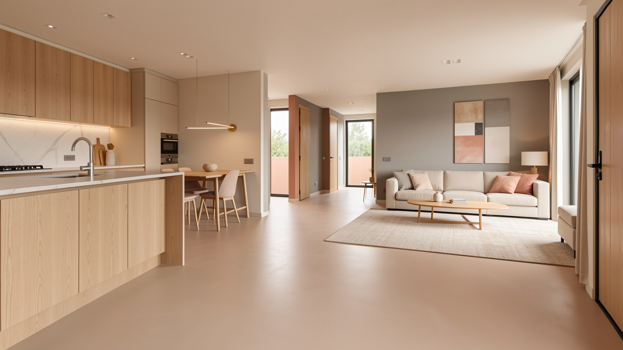 Intérieur contemporain avec un sol en résine uniforme dans des tons beige, gris doux et terracotta, reliant la cuisine, le salon et le couloir.