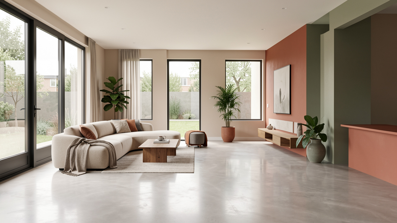 Intérieur contemporain avec un sol en résine lisse aux nuances gris clair, beige, terracotta et vert sauge, associé à du mobilier minimaliste et à des éléments en bois naturel.